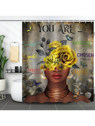 African Woman Shower Curtain Afro American Girl Fabric Shower Curtain Rose Gold Shower Curtains Inspirational Quotes Waterproof Butterfly Bathroom Decor Sets with 12 Hooks 72x72 Gold