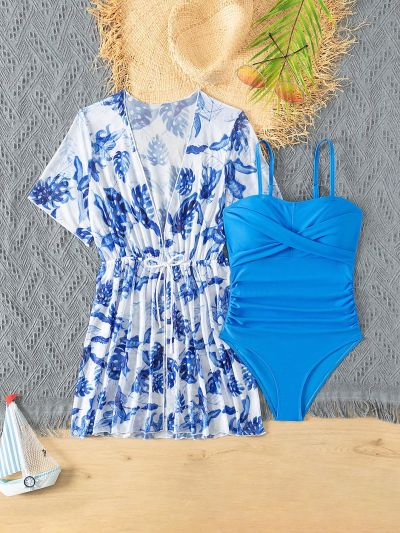 Teen Girl Tropical Print Cover-Up Plus Solid One Piece Swimsuit
