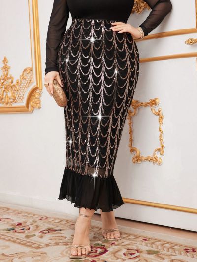 SHEIN Modely Plus Size Sequin Patchwork Mermaid Skirt