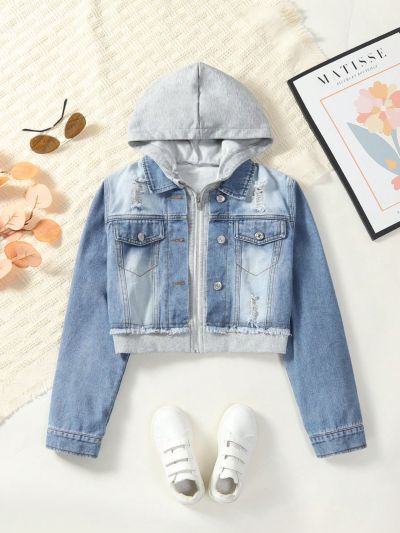 Teen Girl Flap Pocket Hooded 2 In 1 Denim Jacket
