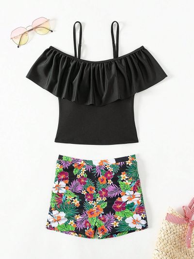 Tween Girls' Ruffle Trim Tropical Printed Tankini Swimwear Set