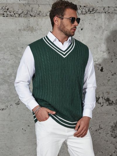 Extended Sizes Men Plus Striped Trim Cable Knit Cricket Sweater Vest Without Shirt