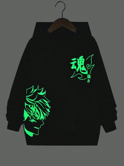 SHEIN Boys' Casual Night-Luminous Green Printed Cartoon Character Hooded Knit Sweatshirt For Tweens