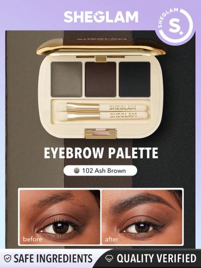 SHEGLAM Full-filled Eyebrow Palette-102 Ash Brown 3-Color Matte Eyebrow Powder Eyebrow Wax Filling Defining Shaping Eyebrow Makeup With Small Brush