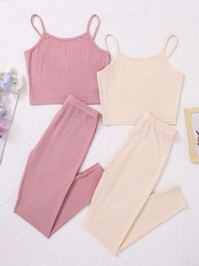 SHEIN Teenage Girls 2 Sets Of Knitted Solid Color Hollow Out Camisole Vest And Pants Homewear