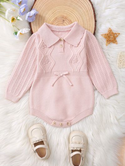 SHEIN Baby Girls' Solid Color Sweater Jumpsuit With Bow Decorations