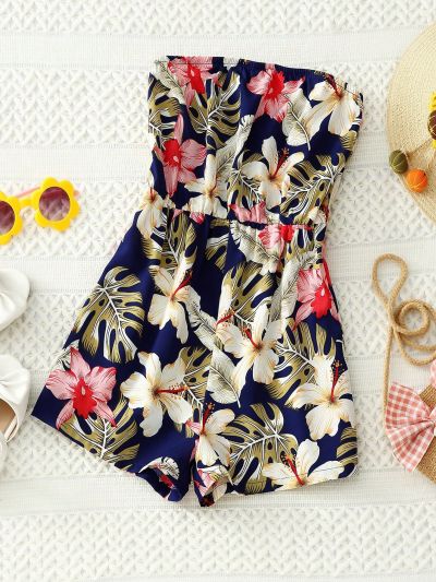 SHEIN Girls Tropical Print Tube Romper