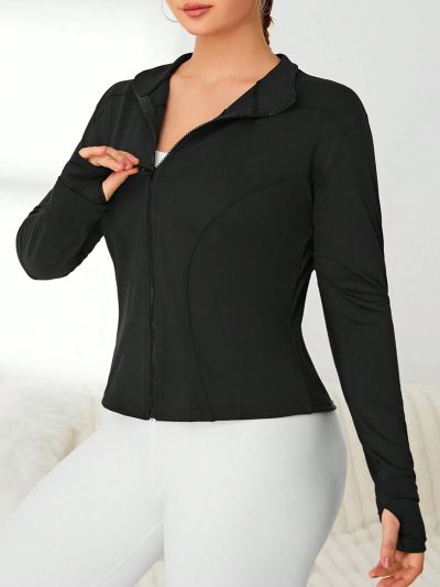 Plus Size Stand Collar Zipper Closure Long Sleeve Sports Jacket