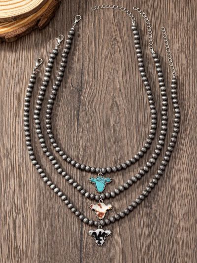 3 Pcs Western Cow Head Faux Navajo Pearl Beaded Necklaces Set for Women