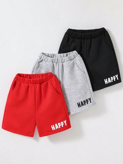 SHEIN Kids EVRYDAY Young Boy's 3pcs/Set Casual Letter Printed Shorts Outfit