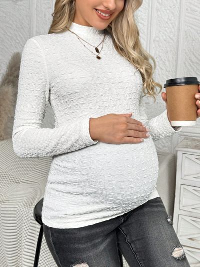 SHEIN Maternity White Textured Stand Collar Long Sleeve T-shirt