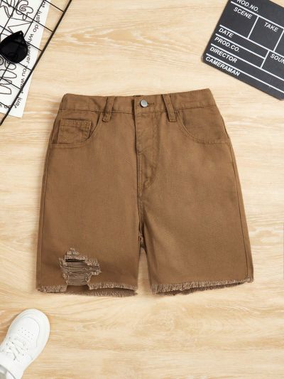 SHEIN Boys' Solid Color Ripped Denim Shorts