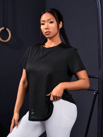 SHEIN Yoga Basic Plus Size Round Neck Short Sleeve Sports T-Shirt