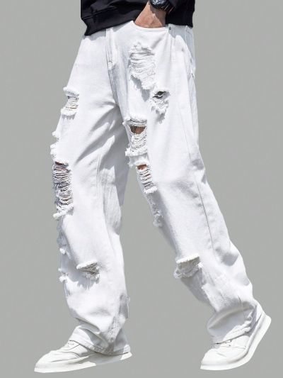 SHEIN Teen Boy Casual Loose Fit Mid Waist Ripped Straight Leg Jeans