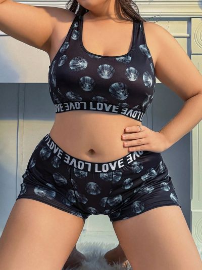 Plus Size Alphabet Design Elastic Band Hollow Out Back Bra And Panties Set