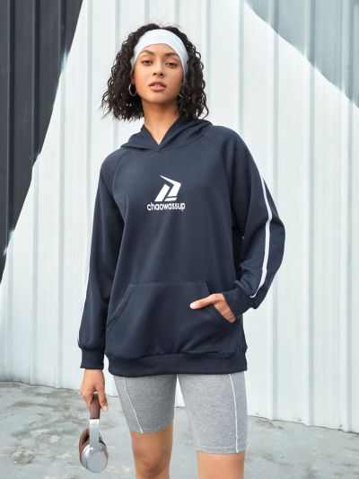 Street Sport Women'S Letter Printed Drawstring Hooded Sports Sweatshirt With Raglan Sleeves