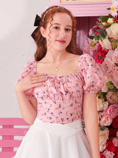 SHEIN Teen Girl's Woven Floral Bubble Sleeve Casual Blouse