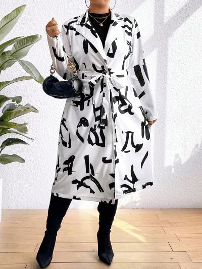 SHEIN Privé Women's Plus Size Random Print Coat With Lapel Necktie Belt