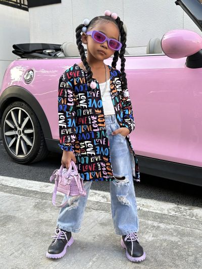 SHEIN Kids Cooltwn Girls' (little) Colorful Printed Open Front Jacket