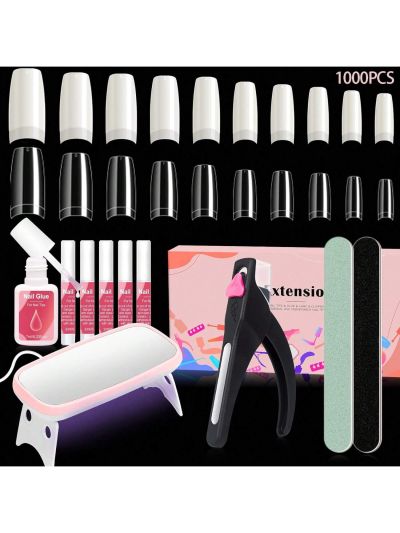 krofaue Half Cover False Nails Tips Set 1000pcs French Style Nail Tips Kit with Nail Gel, Clipper, Nail File Strips and Mini UV Nail Lamp with Box for Nail Tips Art Salons and Home DIY