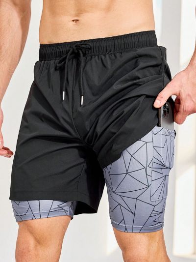 Men's Geometric Pattern Double Layer Sports Shorts With Pocket & Side Stripe