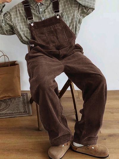 Men Solid Slant Pocket Corduroy Overall Jumpsuit