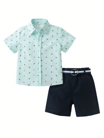 SHEIN Kids EVRYDAY Boys' (Little) 2pcs/Set Short-Sleeve T-Shirt With Sailboat Print