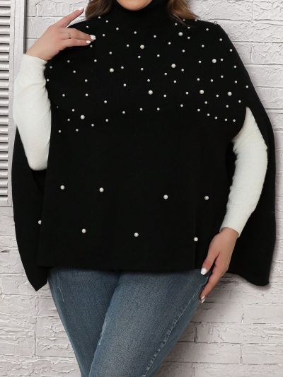 EMERY ROSE Plus Size Faux Pearl Decorated Cape Style Vest Design Sweater