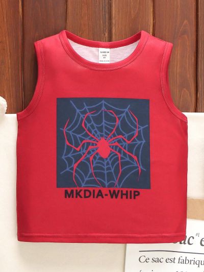 SHEIN Kids EVRYDAY Summer Red Spider & Letter Pattern Casual Tank Top For Toddler Boys