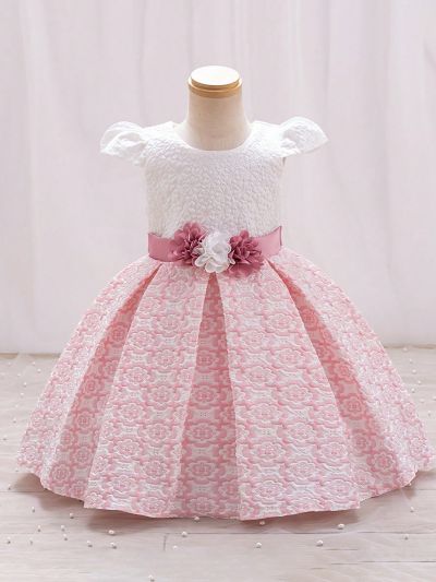 Toddler Girls' Pleated Embossed Short Sleeve Floral Decoration Formal Dress