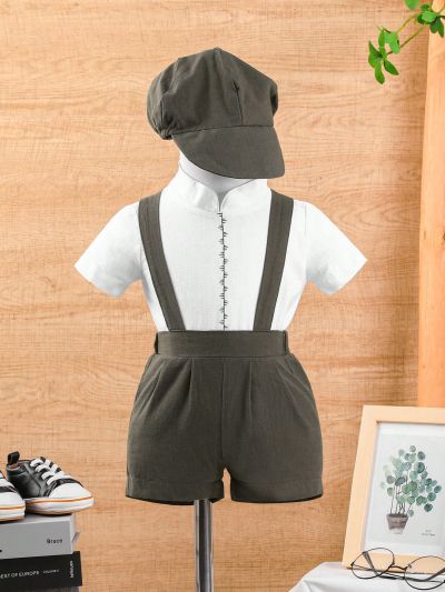 3pcs/Set Baby Boy's Party Gentleman Outfit With Short Sleeve Stand Collar Shirt And Suspender Shorts