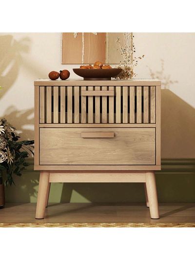 Particle Board 2-Drawer Nightstand with Rubber Wood Legs for Bedroom, Mid Century Modern Nightstand with Classic Desi