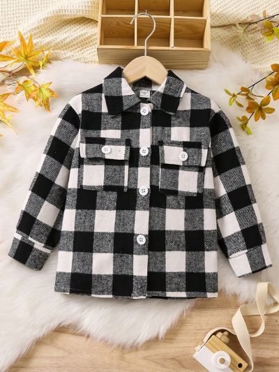 SHEIN Kids EVRYDAY Little Girls' Casual Classic Plaid Double Pocket Button Up Jacket For Autumn And Winter