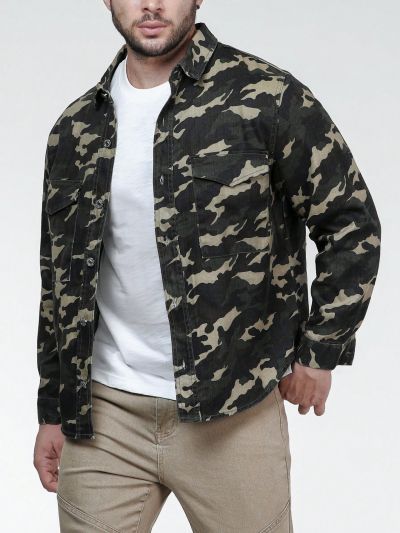 Men Plus Camo Print Flap Pocket Denim Shirt