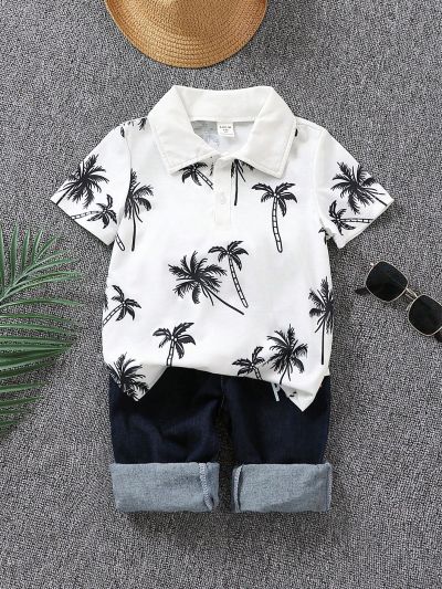 SHEIN Kids SUNSHNE Toddler Boys' Coconut Tree Printed Short Sleeve Polo Shirt For Summer