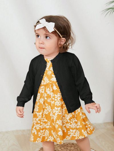 SHEIN 1pc Baby Girl'S Cute Cardigan With Round Neck And Long Sleeve