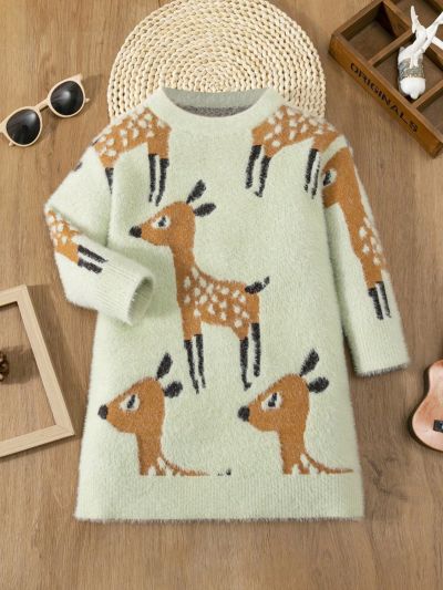 Toddler Girls' Cartoon Deer Patterned Warm Knit Sweater Dress For Autumn/winter