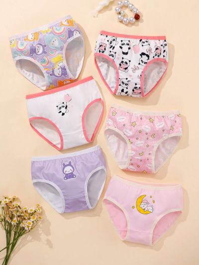 6pcs Girls' Cartoon Printed Color-Block Trim Triangle Panties