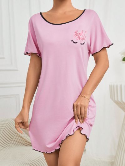 SHEIN Color-Blocked Sleep Dress With Lettering Print And Contrast Trim