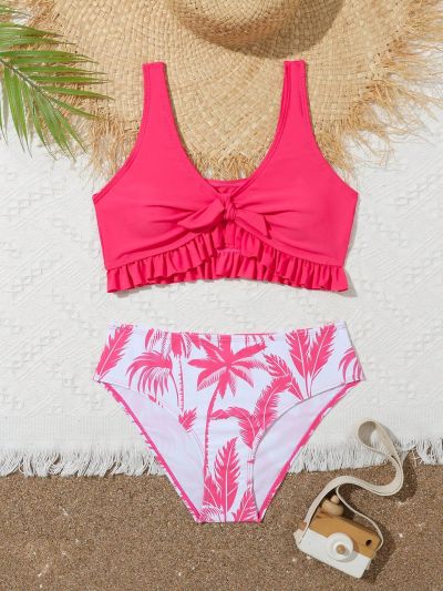 Tween Girls' Ruffle Trim Palm Tree Printed Swimsuit Set