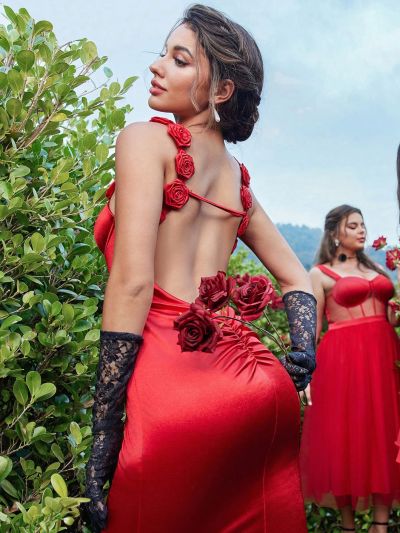 SHEIN Belle Backless Mermaid Evening Dress With 3d Flower Details, Corset Bodice, Fishbone & Ruffled Hem