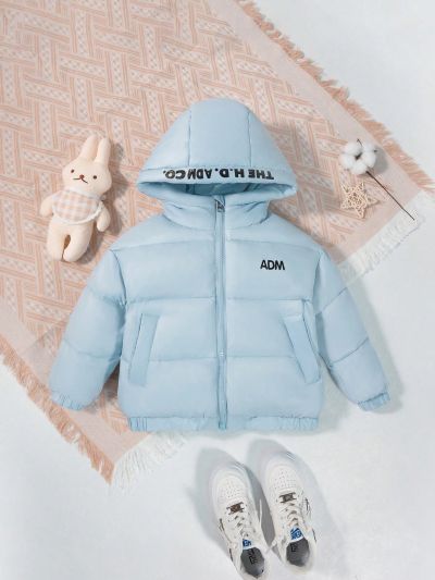 Girls' Simple Comfortable Windproof Hooded Padded Jacket For Outdoors, Warm