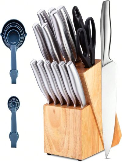 Block Knife Set,17 PCS C Cutlery Knife Set with Steel Blades,Stainless Steel Sharp Kitchen Knife Set ​With Sharpener for Precise Cutting,Lightweight,Durable & Dishwasher Safe
