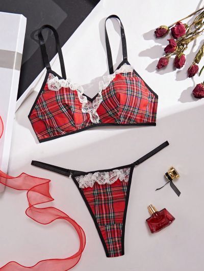 Ladies' Sexy Lace Spliced Grid Pattern Lingerie Set (Valentine'S Day Edition)