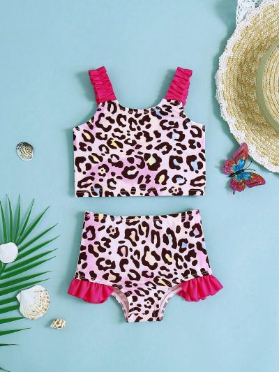SHEIN Baby Girl Casual Leopard Print Colorblock Halter Top And Triangle Shorts Swimwear Set For Holiday