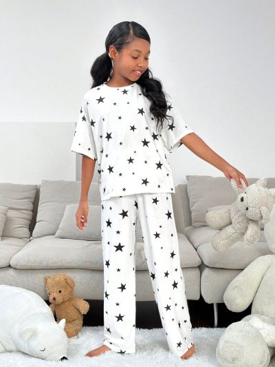 SHEIN Tween Girls' Knitted Round Neck Long Sleeve Pajama Set For Daily Wear And Casual Occasions