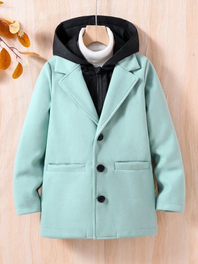 SHEIN Boys' Warm 2 In 1 Hooded Wool Coat, Mid-Long Length, Suitable For Daily Wear