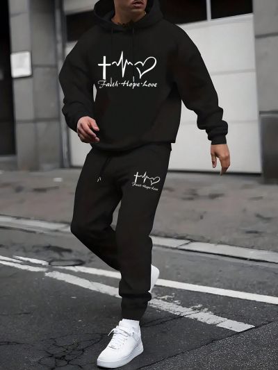 Men's Letter Printed Round Neck Sweatshirt And Sweatpants Two-piece Set