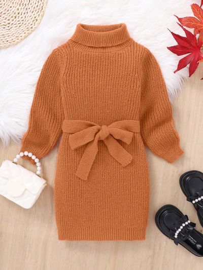 SHEIN Kids Cooltwn Girls' Athletic Slim Fit Turtleneck Pullover Sweater Dress With Long Sleeves