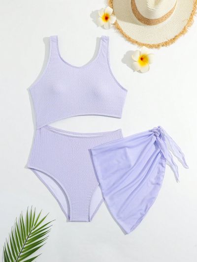 Teen Girls' Cutout One Piece Swimsuit With Cover Up Skirt